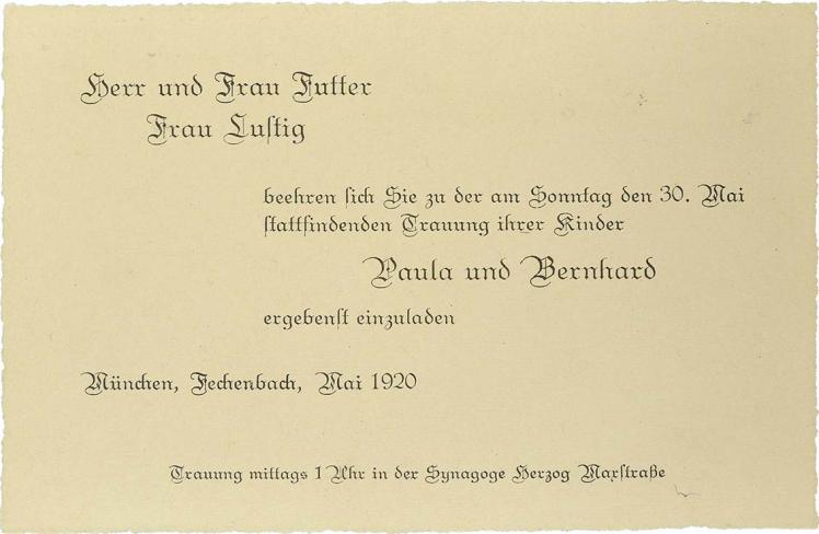 Einladungskarte zur Hochzeit von Paula Futter und Bernhard Lustig. 