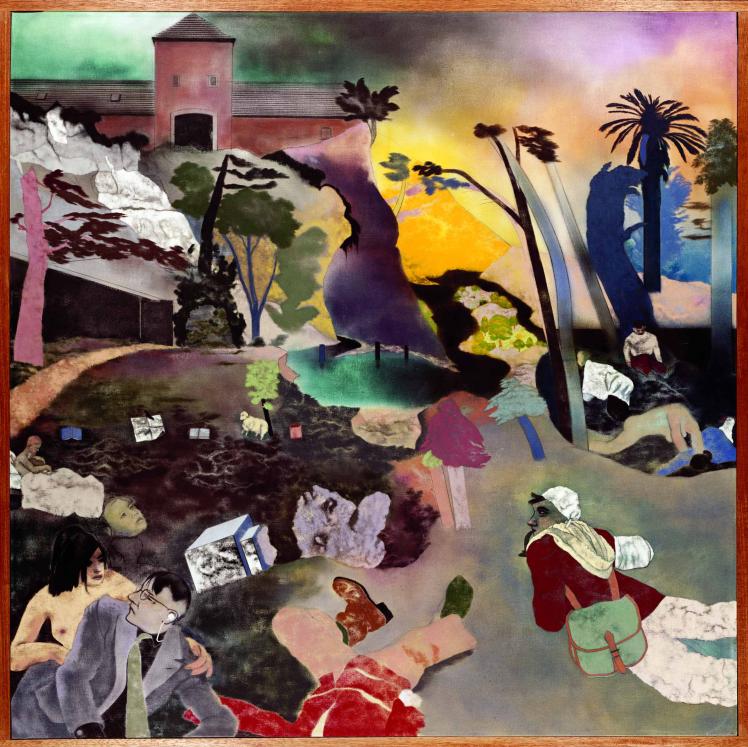 Abstract painting of a collage of images including palm trees, a man wearing a business suit, buildings, dogs, and assorted faces
