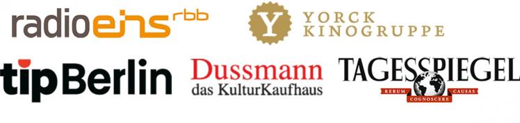 Logos ofRadioeins, Yorck Kinogruppe, tip Berlin, Dussmann das Kulturkaufhaus, and Tagesspiegel