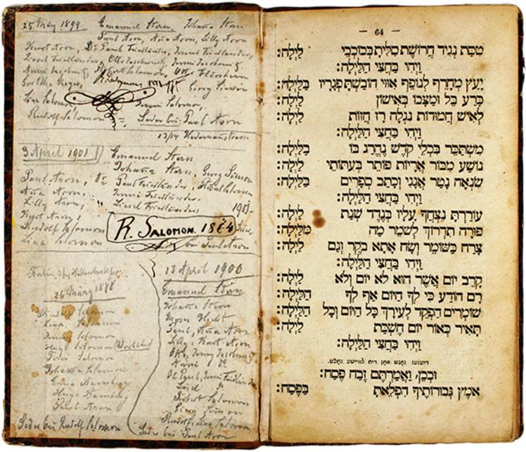 Hebrew letters on the last page (p. 64) and handwritten entries on the rear inside flap