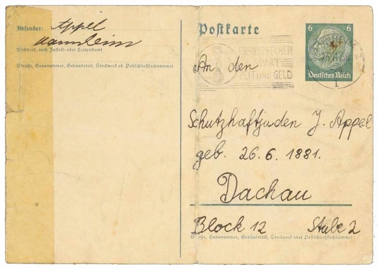 Andere Seite der Postkarte mit Anschrift »An den Schutzhaftjuden J. Appel« in »Dachau«