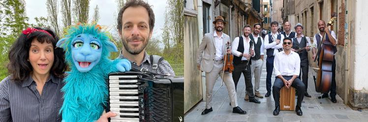 Collage of two pictures, on the first picture is a woman with red scarf on her head, a blue fantasy creature and a man with accordion, on the second picture is a band with instruments and suits.