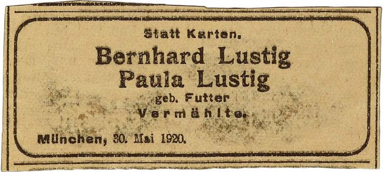 Ankündigung der Hochzeit von Bernhard und Paula Lustig geb. Futter.
