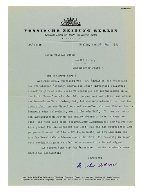 Maschinengeschriebener Brief mit Briefkopf der»Vossischen Zeitung«