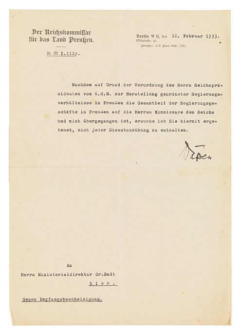 Kurzer maschinengeschriebener Brief mit dem Briefkopf des »Reichskommissars für das Land Preußen«