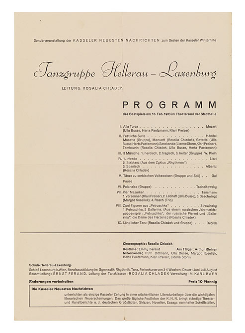 Typografisch klar gestaltetes Blatt mit der Übersicht der Tanzstücke, die aufgeführt werden, sowie der Komponisten und Mitwirkenden
