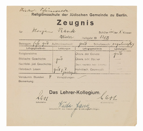 Handschriftlich ausgefülltes Zeugnisformular, mit den Unterschriften des Schulleiters, des Klassenlehrers und des Vaters