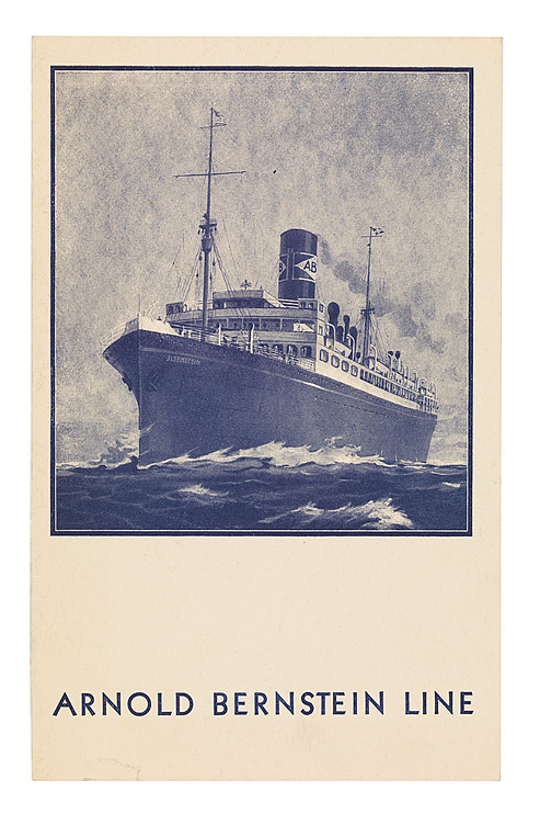 Hochformatige Klappkarte; die Vorderseite zeigt eine Zeichnung eines Dampfschiffes, der Innenteil listet ein 6-Gang-Menü auf