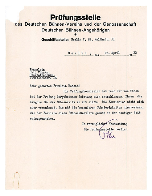 Kurzer maschinenschriftlicher Brief mit Briefkopf der Prüfungsstelle des Deutschen Bühnen-Vereins