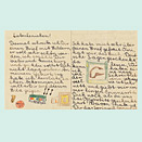 In einer kindlichen Handschrift geschriebener Brief, der mit bunten Zeichnungen verziert ist.