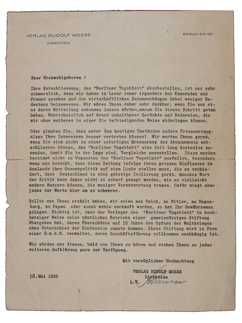 Mit Schreibmaschine verfasster Brief mit Briefkopf des Verlags Rudolf Mosse