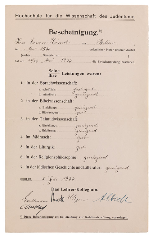 Gedrucktes Formular, handschriftlich ausgefüllt und vom fünf Mitgliedern des Lehrerkollegiums unterschrieben.