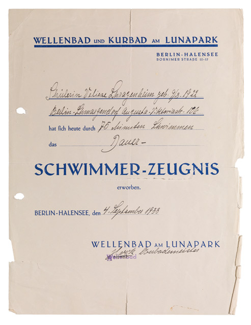 Handschriftlich ausgefülltes Formular mit dem blauen Briefkopf des Wellenbads und Kurbads am Lunapark