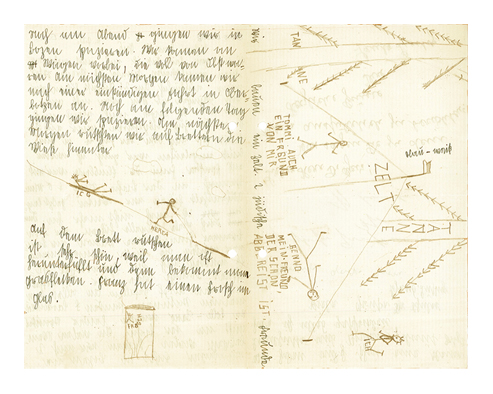 Briefbogen in Sütterlinschrift in kindlicher Handschrift geschrieben. Dazwischen und auf der rechten Seite Bleistiftzeichnungen.