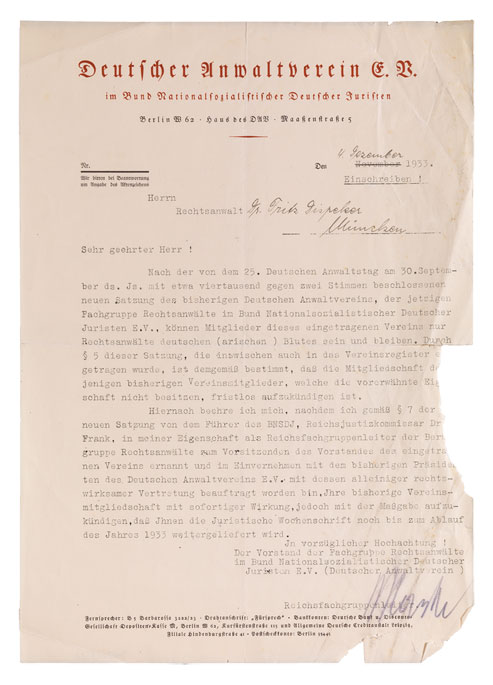 Maschinenschriftlicher Brief mit handschriftlichen Ergänzungen auf dem Briefpapier des Deutschen Anwaltsvereins
