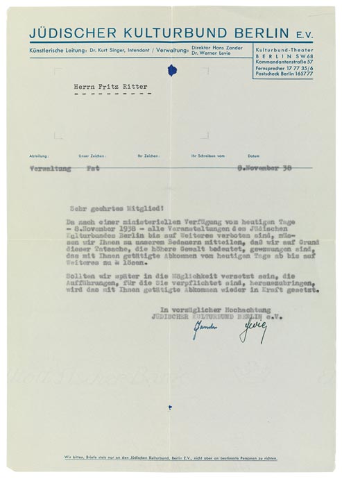 Mit Schreibmaschine verfasster Brief mit dem Briefkopf des Jüdischen Kulturbunds Berlin e.V.
