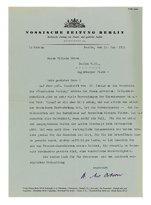 Typewritten letter bearing the letterhead of the Vossische Zeitung