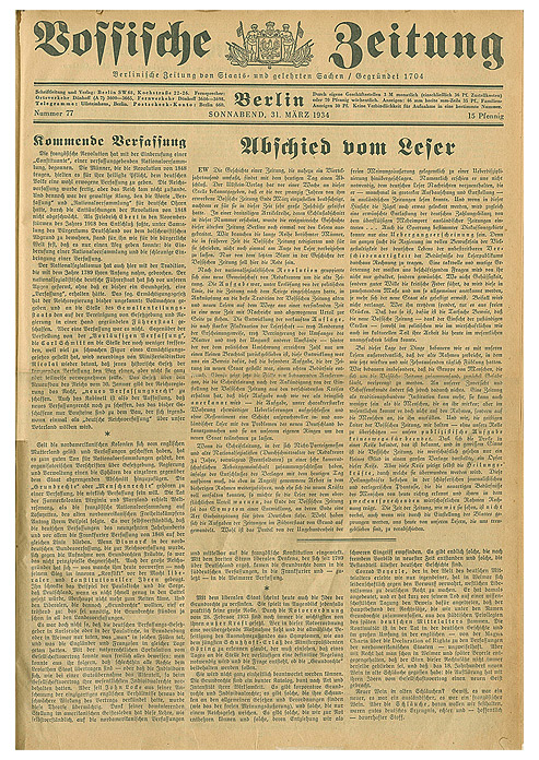 Cover of the Vossische Zeitung with the headline "Farewell to Our Readers"