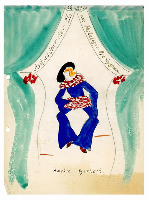 Watercolor drawing; tied-back green curtains frame a stage on which a figure is dancing in a red-and-blue costume.