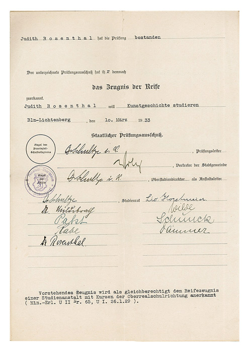 Stamped form, filled out by typewriter, with numerous signatures by examiners and teachers