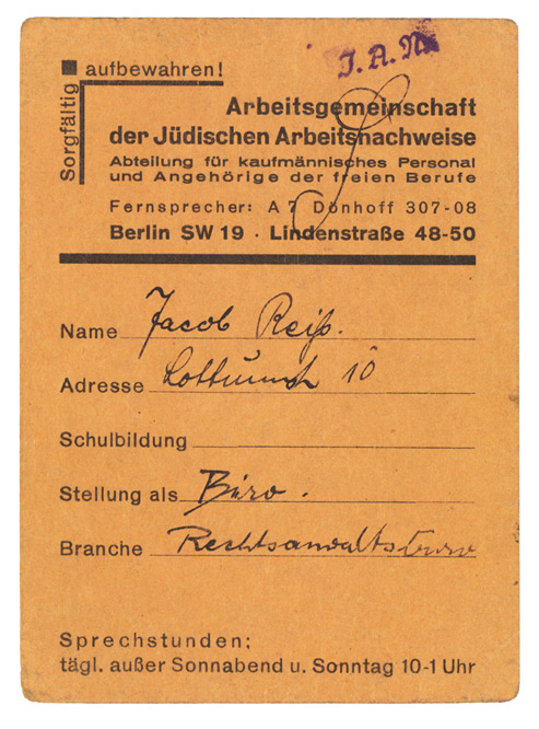 Vertical-format card with Reiss‘s name, address and profession entered by hand.