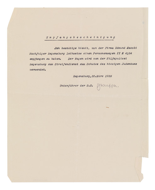 Short typewritten acknowledgement of receipt on an A4-format sheet with signature