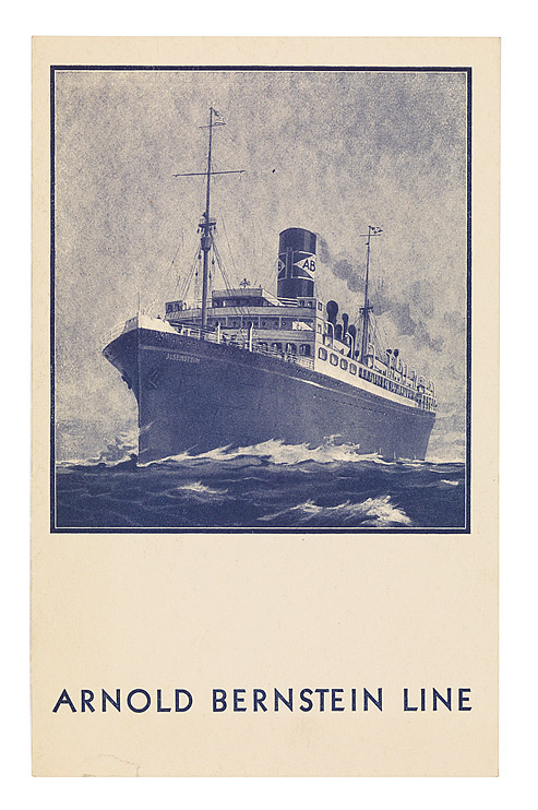 Vertical-format fold-out card with a drawing of a steamship on the front and a six-course menu inside.