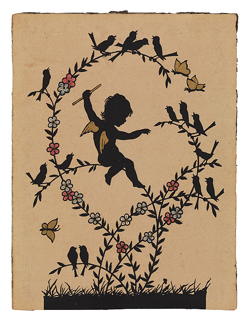 Silhouette of a small angel on a branch conducting a flock of singing birds perched on the surrounding branches.