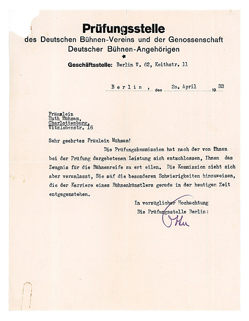 Short typed letter bearing the letterhead of the Examination Office of the German Stage Association