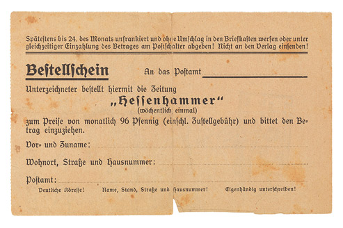 Unused newspaper subscription form with lines for the subscriber‘s name and address