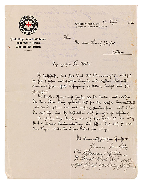 Handwritten letter in Sütterlin script bearing the letterhead of the Prussian Regional Association of the Red Cross