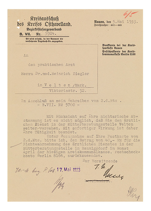 Typewritten letter on a DIN A5 sheet bearing the letterhead of the district committee of Osthavelland