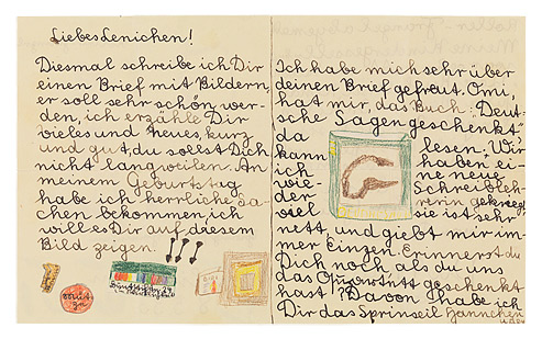 Letter written in a child‘s handwriting, decorated with colorful drawings.