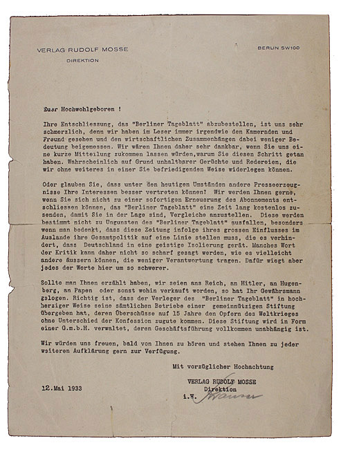 Typewritten letter bearing the letterhead of the Rudolf Mosse publishing house