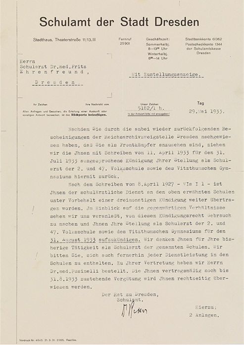 Typewritten letter bearing the letterhead of the Dresden Educational Authority.