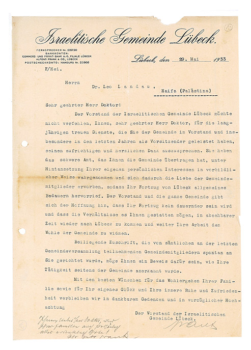 Typewritten letter with letterhead of the Lübeck Israelite Community