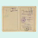 Open passport with handwritten entries and stamps
