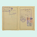 Open passport with handwritten entries and adhesive and ink stamps.