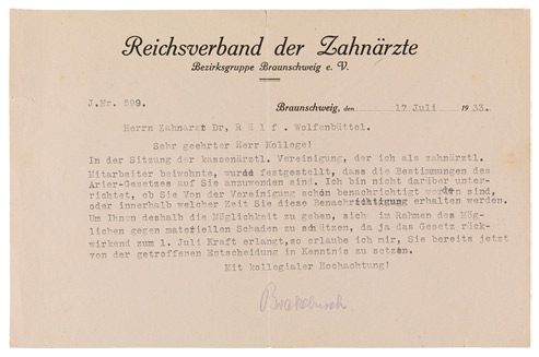 Closely typed sheet of paper bearing the letterhead of the Reich Association of Dentists