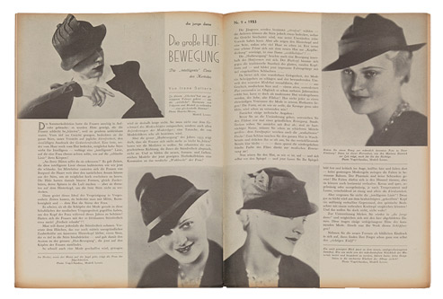 Long article running over two pages with four fashion photos of various hat designs