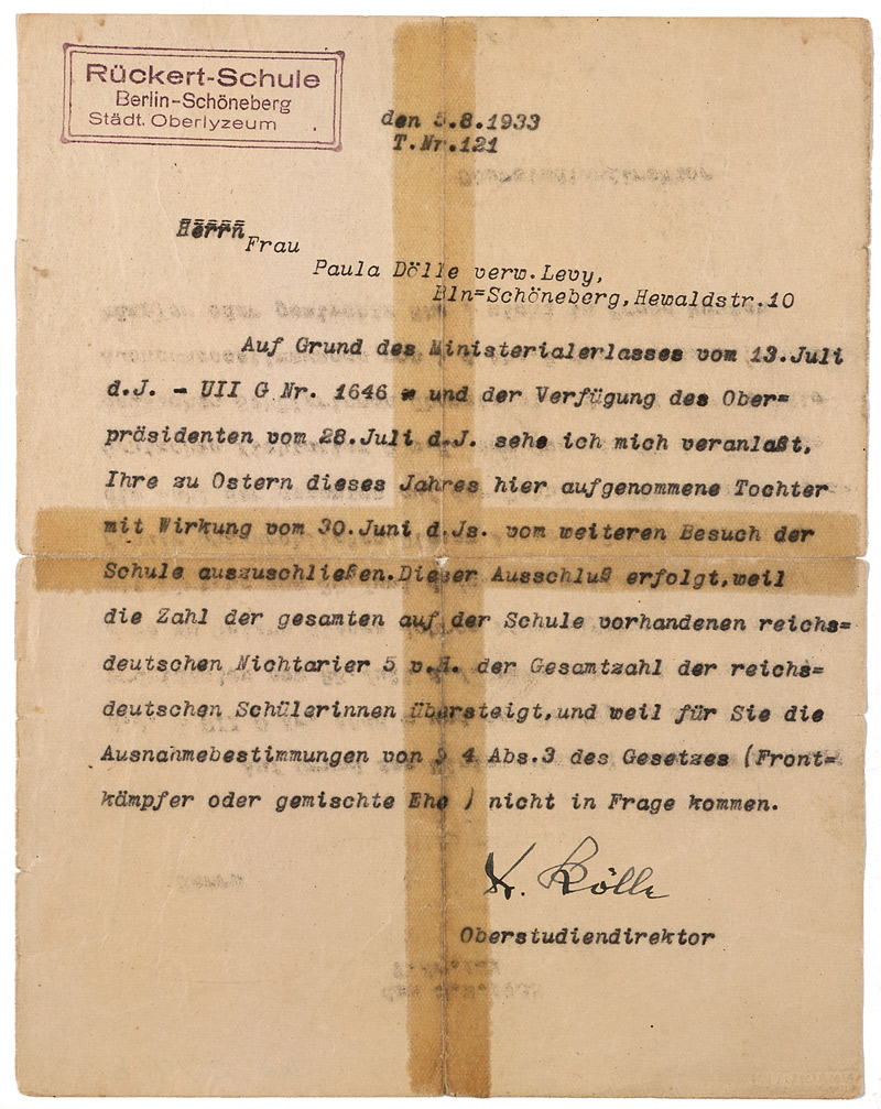 Praktisk kode fotoelektrisk Letter banning Grete Miriam Levy from attending school « 1933