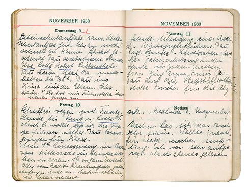 Double-page spread from a pocket calendar with handwritten, diary-like entries.