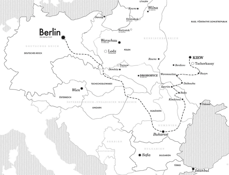 Karte mit eingezeichneter Fluchtroute Kiew Berlin