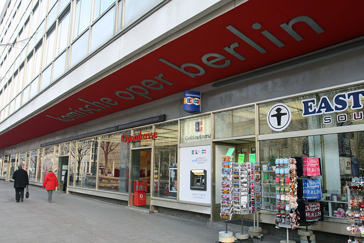 Street view of the Komische Oper and souvenir shop