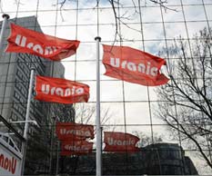 Flags reflected in a faade