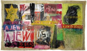 Bunte Collage mit gelbem Stern und den Worten »A Jew Is Dead«