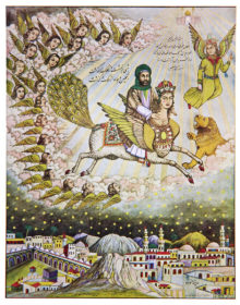 Bunte Lithografie mit Mohammed auf einem fliegenden Pferd über einer Stadt mit Minaretten zwischen Bergen, um ihn am Himmel Engel und eine Löwe