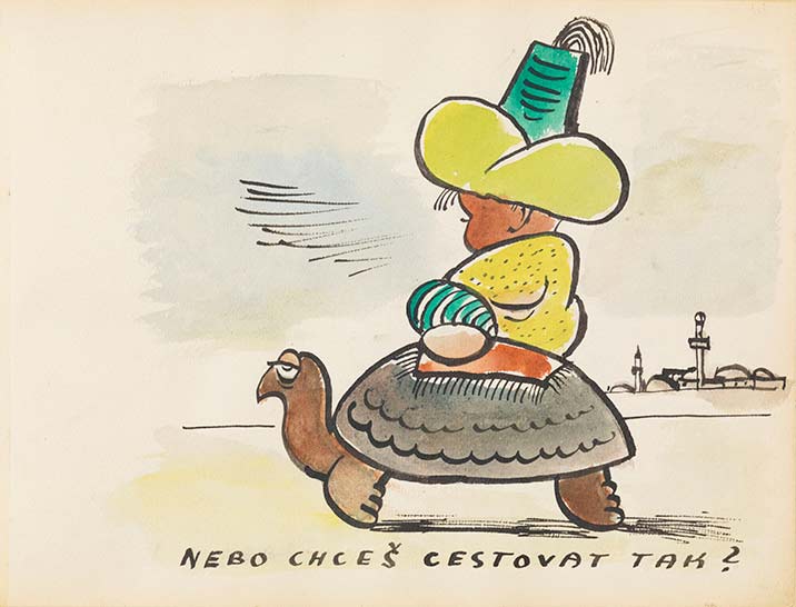 Seite aus dem Bilderbuch, auf der Tommy einen Turban trägt und auf einer Riesenschildkröte reitet. Unter der Zeichnung steht auf Tschechisch: »Oder willst du so reisen?«.