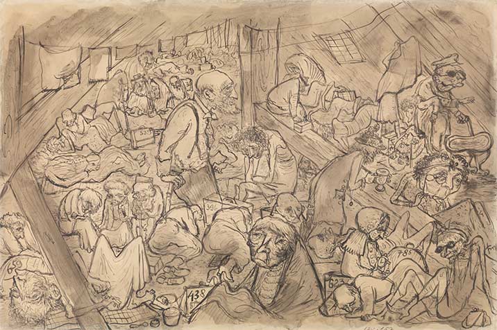 Die Zeichnung zeigt eine überfüllte Sammelunterkunft. Über den Menschen hängt Wäsche zum Trocken