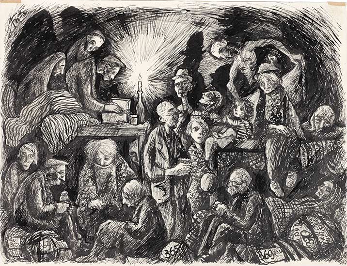 Die Zeichnung zeigt dicht gedrängte Menschen in einem Raum, der von einer Kerze schwach beleuchtet wird